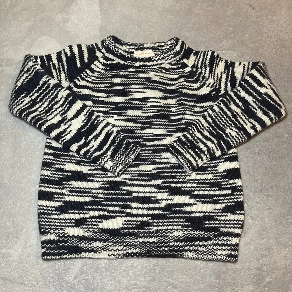 Tory Burch Sweater Womens Small Black White 100% Merino Wool Abstract Crewneck